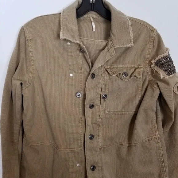 Free People Embellished Military Shirt Jacket Women Sz XS Beige Button Up Boho - Picture 3 of 13